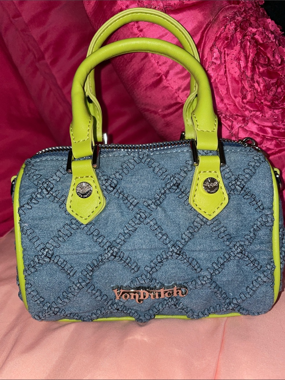 Von Dutch Denim Satchel with Neon Yellow Trim